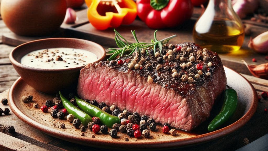 Pan-seared beef steak with pepper sauce